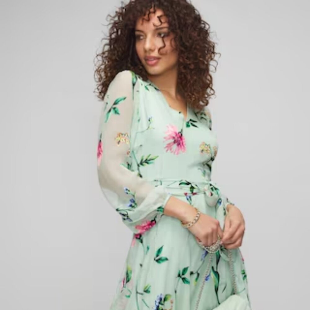 White House Black Market Spring Floral Long Sleeve Burnout V-Neck Godet Dress